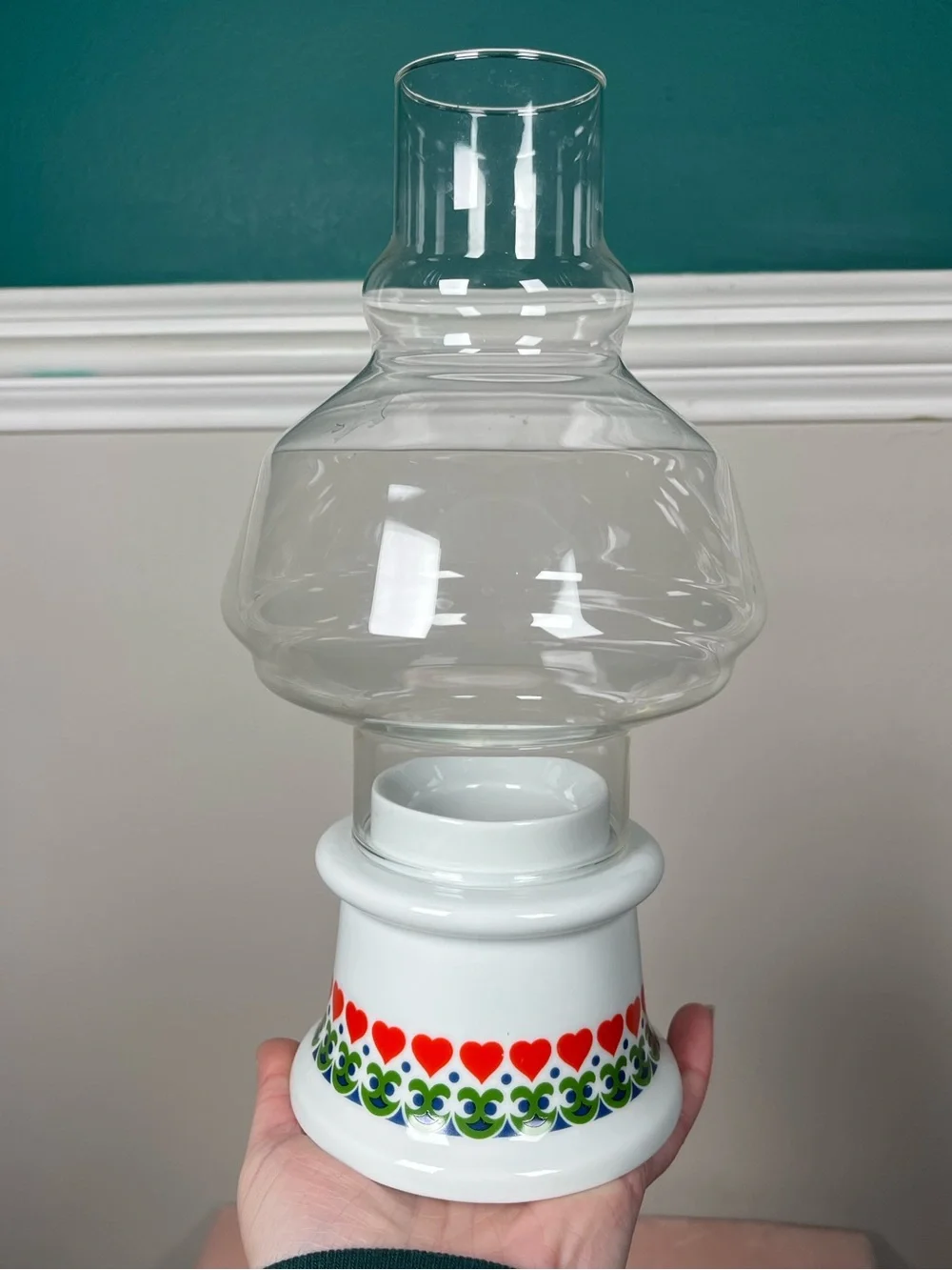 Clear Glass Hurricane Lamp with White Floral Heart Base